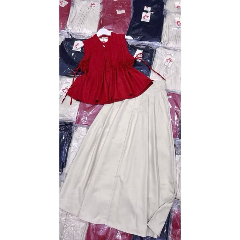 L970- sét váy nữ, áo xếp ly nút bọc form xòe, chân váy mango dáng dài