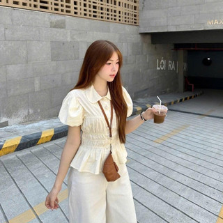 Áo Sơ Mi Cổ Sen Nhún Eo Tay Bồng Mùa Hè Siêu Xinh Dễ Thương Cho Nữ
