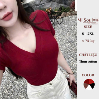 Áo Thun Cộc Tay Cổ Tim Nữ Chất Cotton Mềm Mại BigSize Misoul, Áo Thun Trơn Cổ V Basic 406