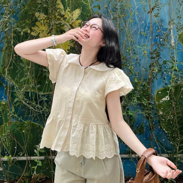 Áo Sơ Mi Babydoll Joolate Chất Thô Boil Cổ Sen Tay Bồng Ulzzang Xinh Xắn