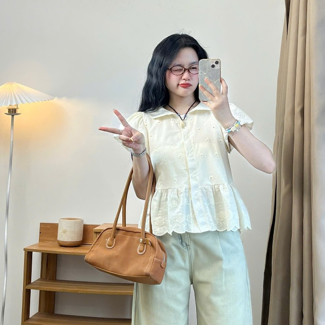 Áo Sơ Mi Babydoll Joolate Chất Thô Boil Cổ Sen Tay Bồng Ulzzang Xinh Xắn