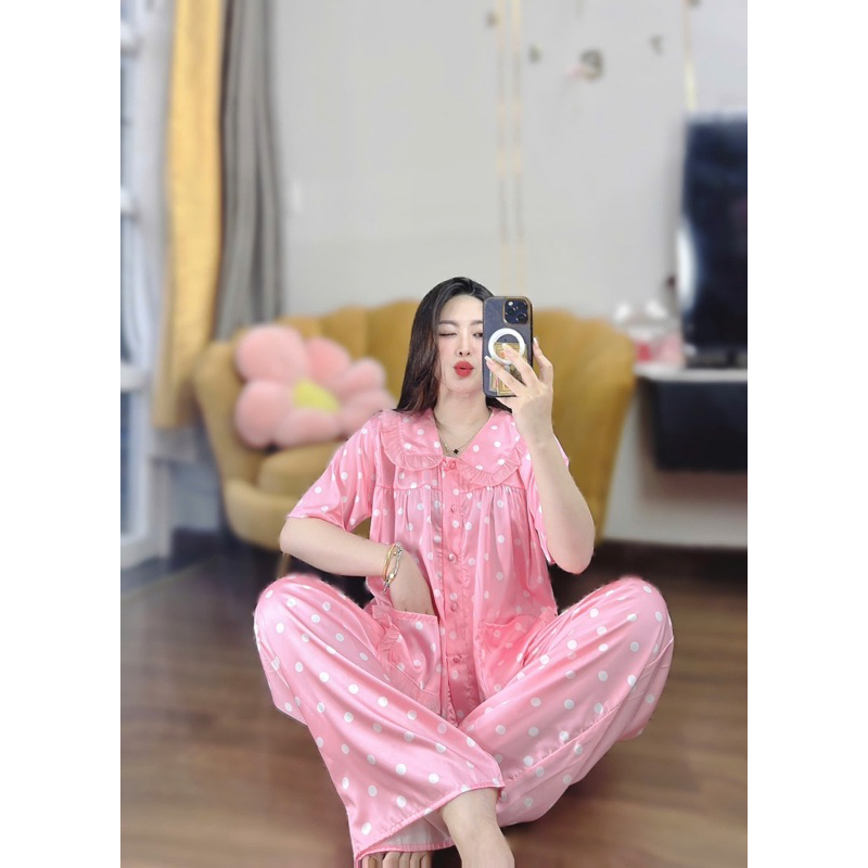 45-65kg Bộ pijama hoạ tiết cổ bèo form baby doll lụa latin mềm