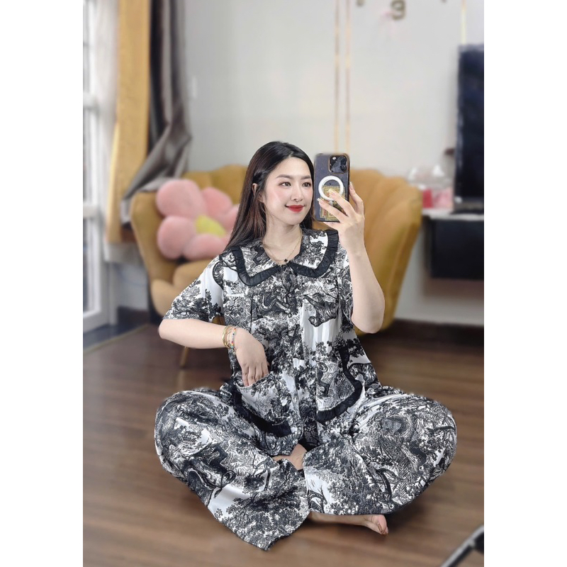 45-65kg Bộ pijama hoạ tiết cổ bèo form baby doll lụa latin mềm
