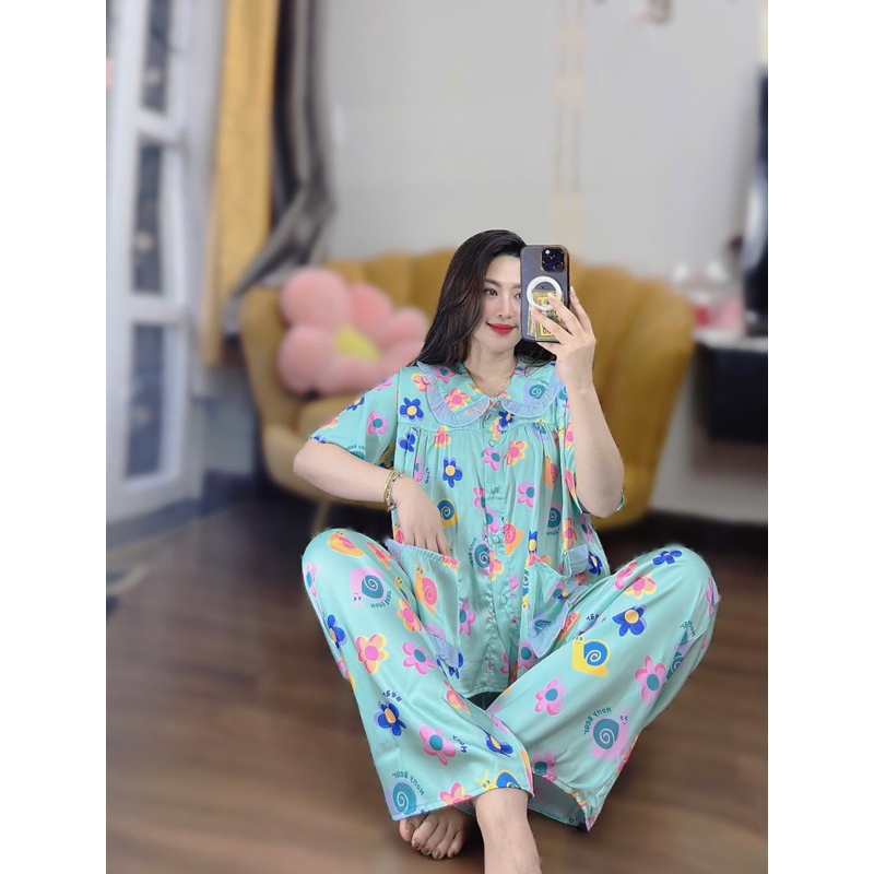 45-65kg Bộ pijama hoạ tiết cổ bèo form baby doll lụa latin mềm