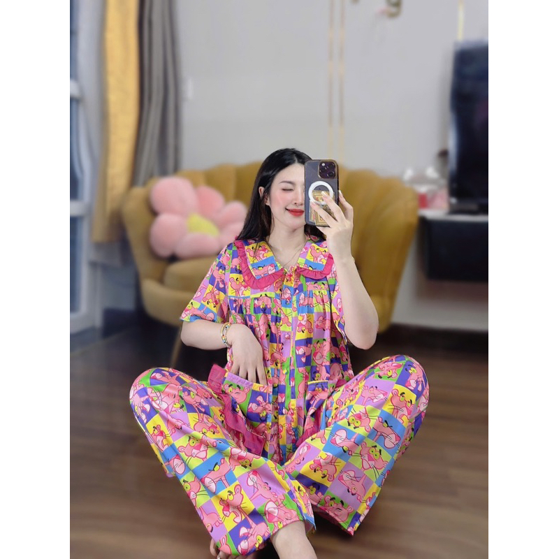 45-65kg Bộ pijama hoạ tiết cổ bèo form baby doll lụa latin mềm