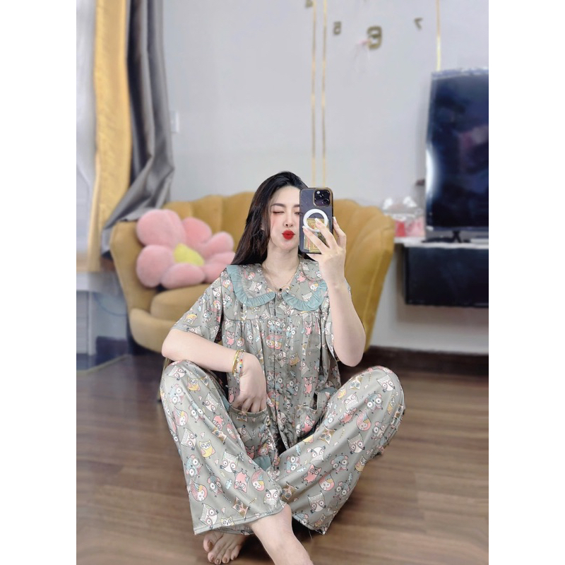 45-65kg Bộ pijama hoạ tiết cổ bèo form baby doll lụa latin mềm
