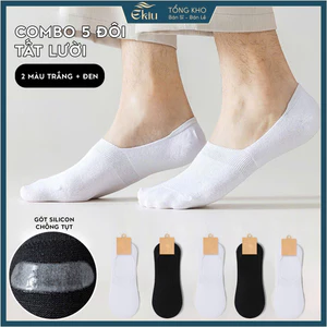 Tất vớ lười nam nữ trắng đen có cao su chống tụt, set 5 đôi chất liệu cotton thoáng khí - Ekiu Shop