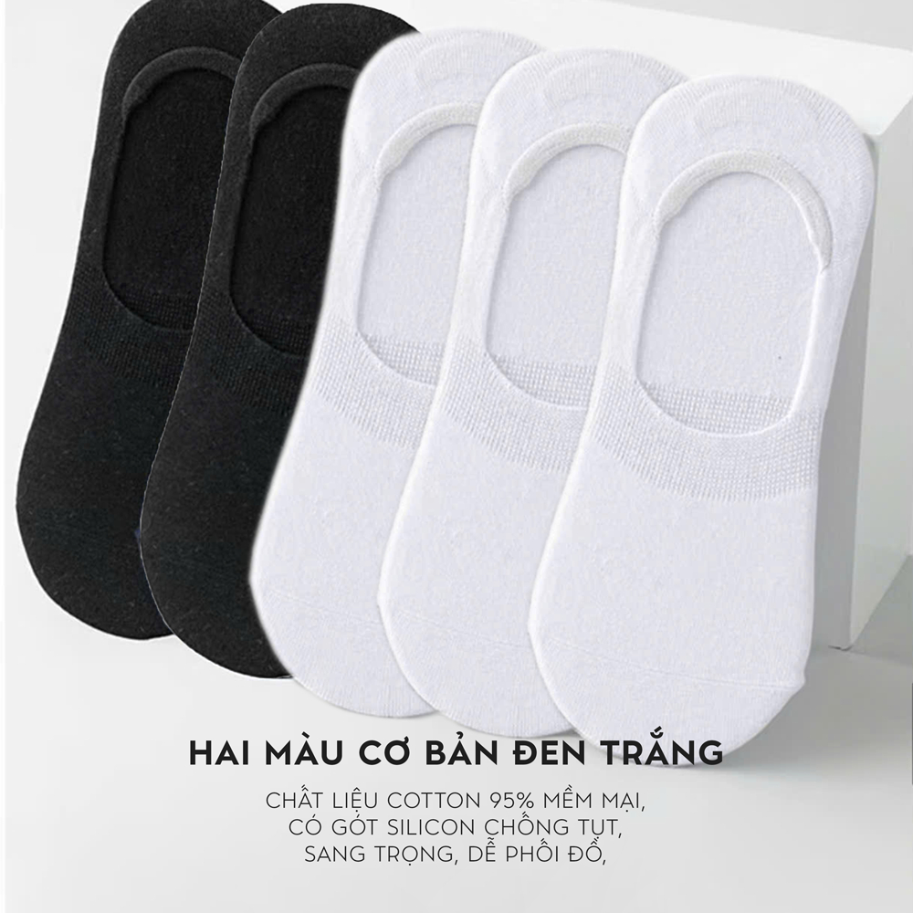 Tất vớ lười nam nữ trắng đen có cao su chống tụt, set 5 đôi chất liệu cotton thoáng khí - Ekiu Shop