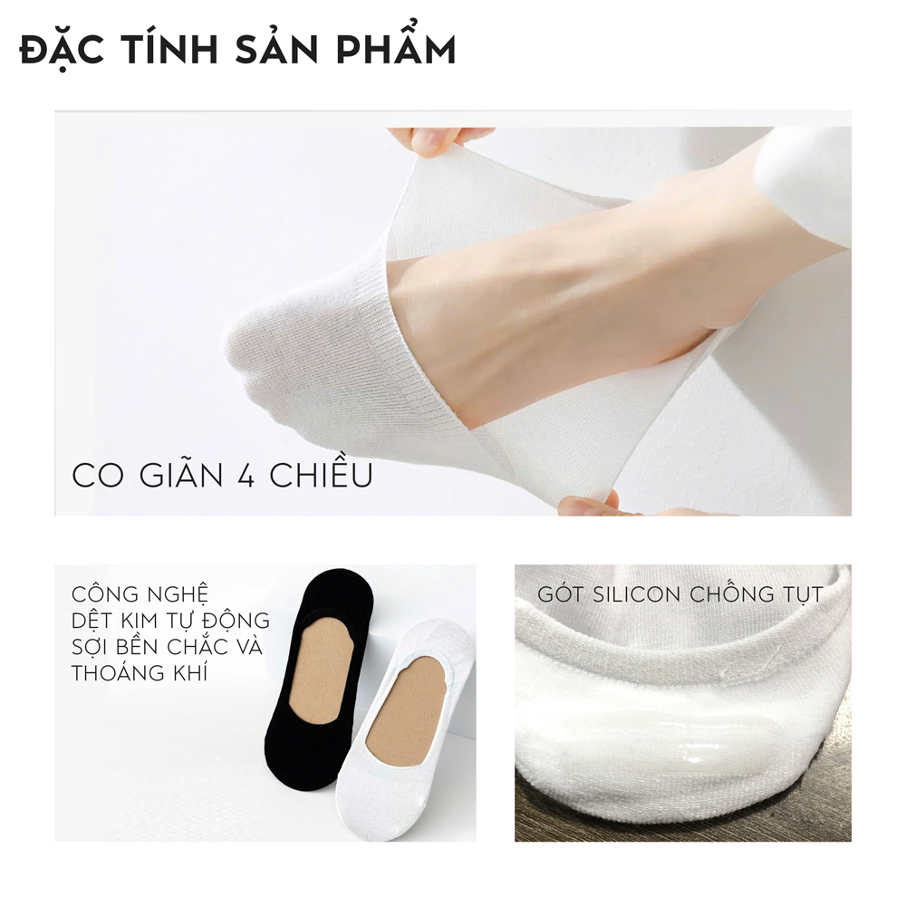 Tất vớ lười nam nữ trắng đen có cao su chống tụt, set 5 đôi chất liệu cotton thoáng khí - Ekiu Shop
