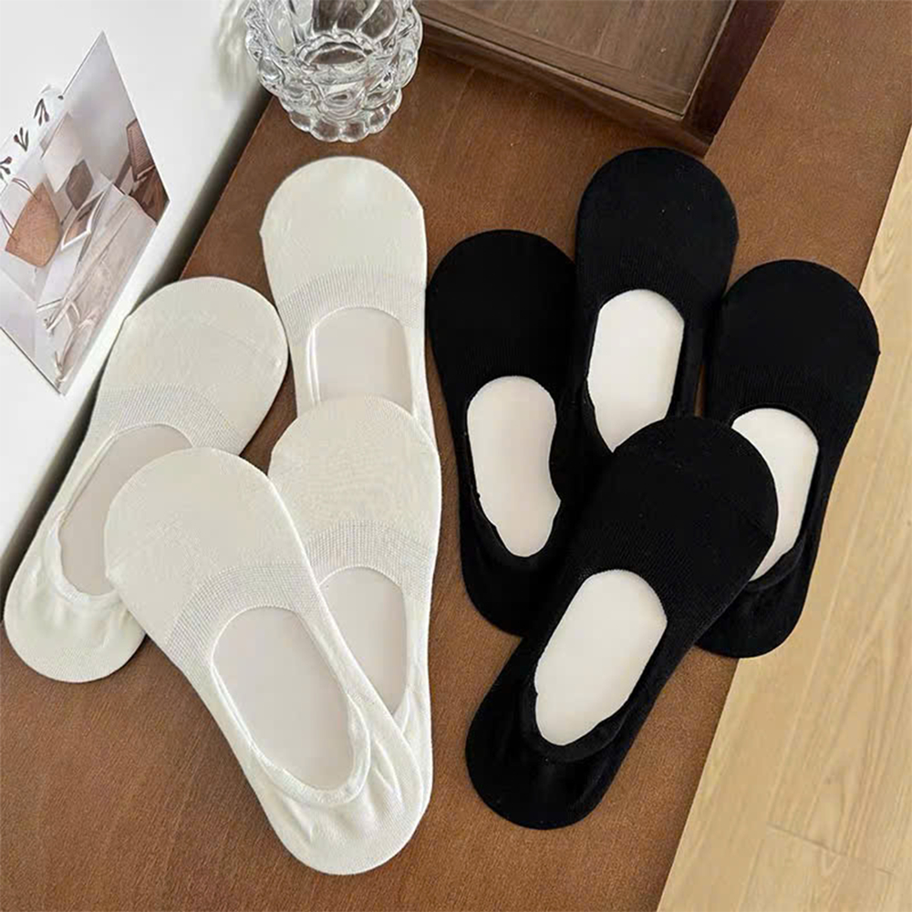 Tất vớ lười nam nữ trắng đen có cao su chống tụt, set 5 đôi chất liệu cotton thoáng khí - Ekiu Shop