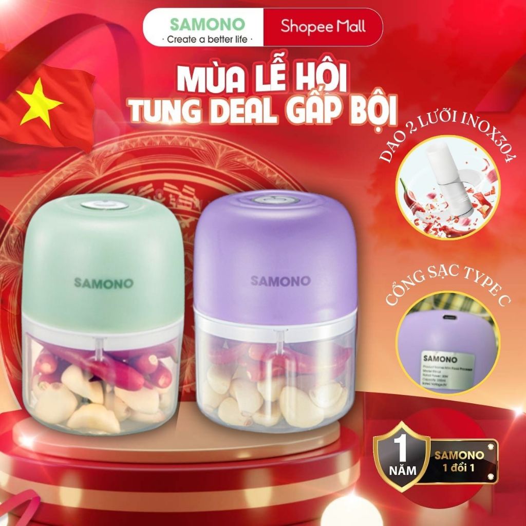 Ảnh Máy xay tỏi ớt cầm tay Samono SW-L4  250ml 30w không dây, dung lượng pin sạc 800 mAh, cổng type C 1