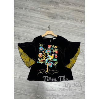 Áo nhung the tay bèo lót lụa thêu hình chim đậu cành cây
