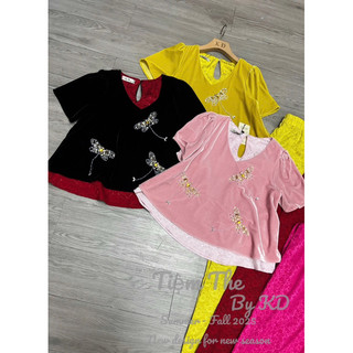 Sét áo nhung the cộc tay cổ tim lót lụa khâu 3 con chuồn chuồn + quần xuông lụa