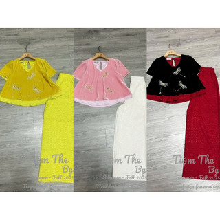 Sét áo nhung the cộc tay cổ tim lót lụa khâu 3 con chuồn chuồn + quần xuông lụa