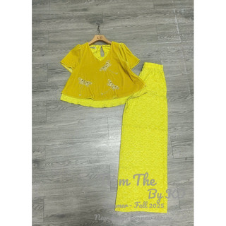 Sét áo nhung the cộc tay cổ tim lót lụa khâu 3 con chuồn chuồn + quần xuông lụa