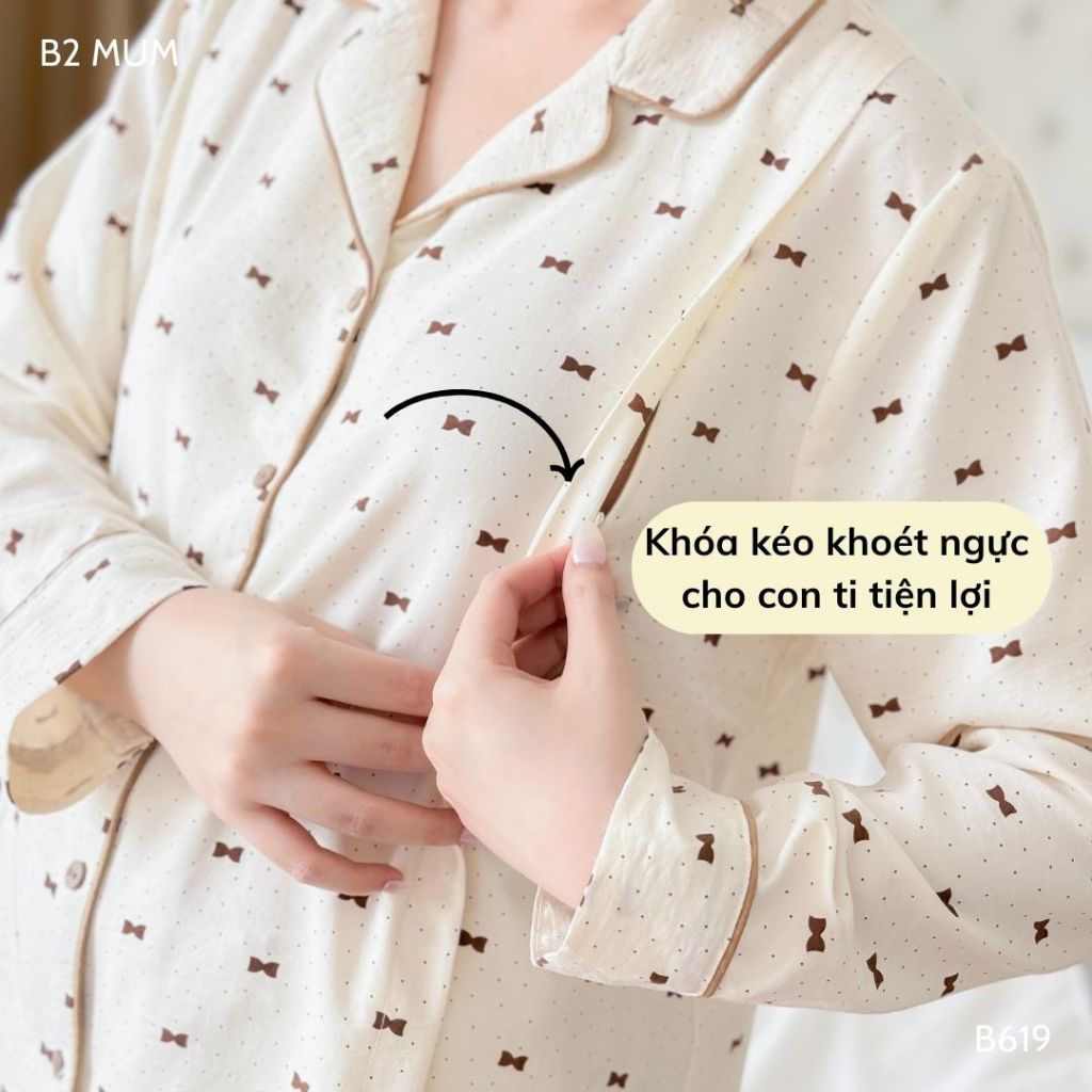 Bộ bầu mặc nhà và sau sinh đũi cao cấp mềm nhẹ mát áo có khóa dọc bé ti và quần chun chỉnh bụng B619 thiết kế by B2MUM
