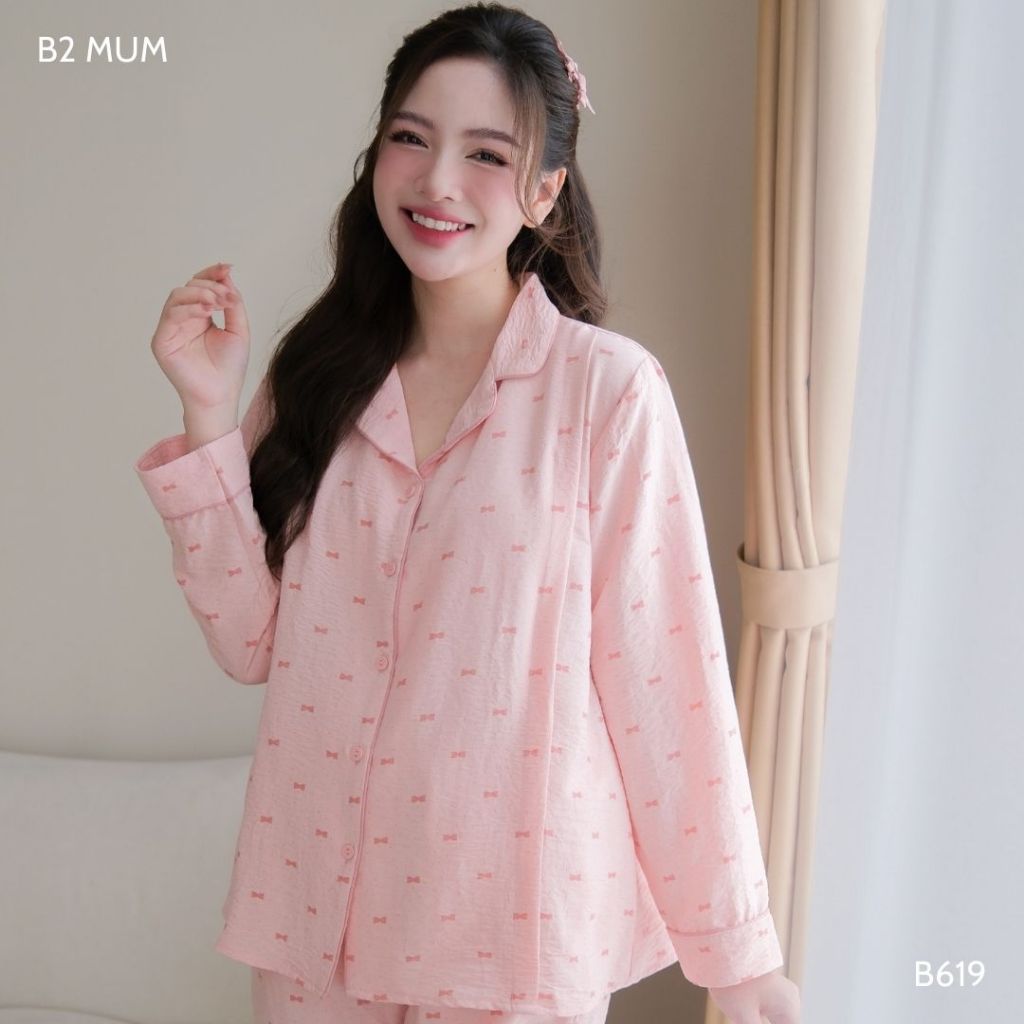 Bộ bầu mặc nhà và sau sinh đũi cao cấp mềm nhẹ mát áo có khóa dọc bé ti và quần chun chỉnh bụng B619 thiết kế by B2MUM