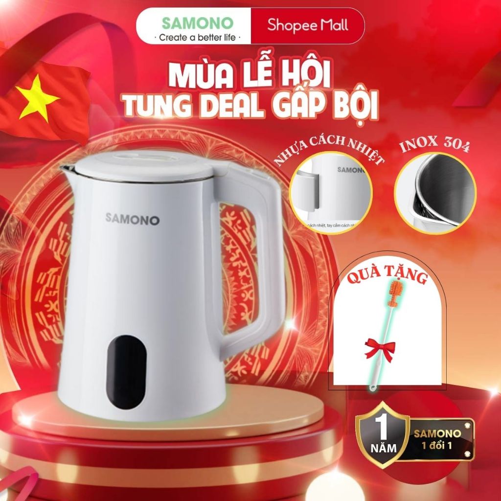 Ảnh Ấm đun nước điện thông minh SAMONO SW-EKW18 1.8L 1500W 2 lớp chịu nhiệt dễ dàng vệ sinh lòng ấm inox 304 1