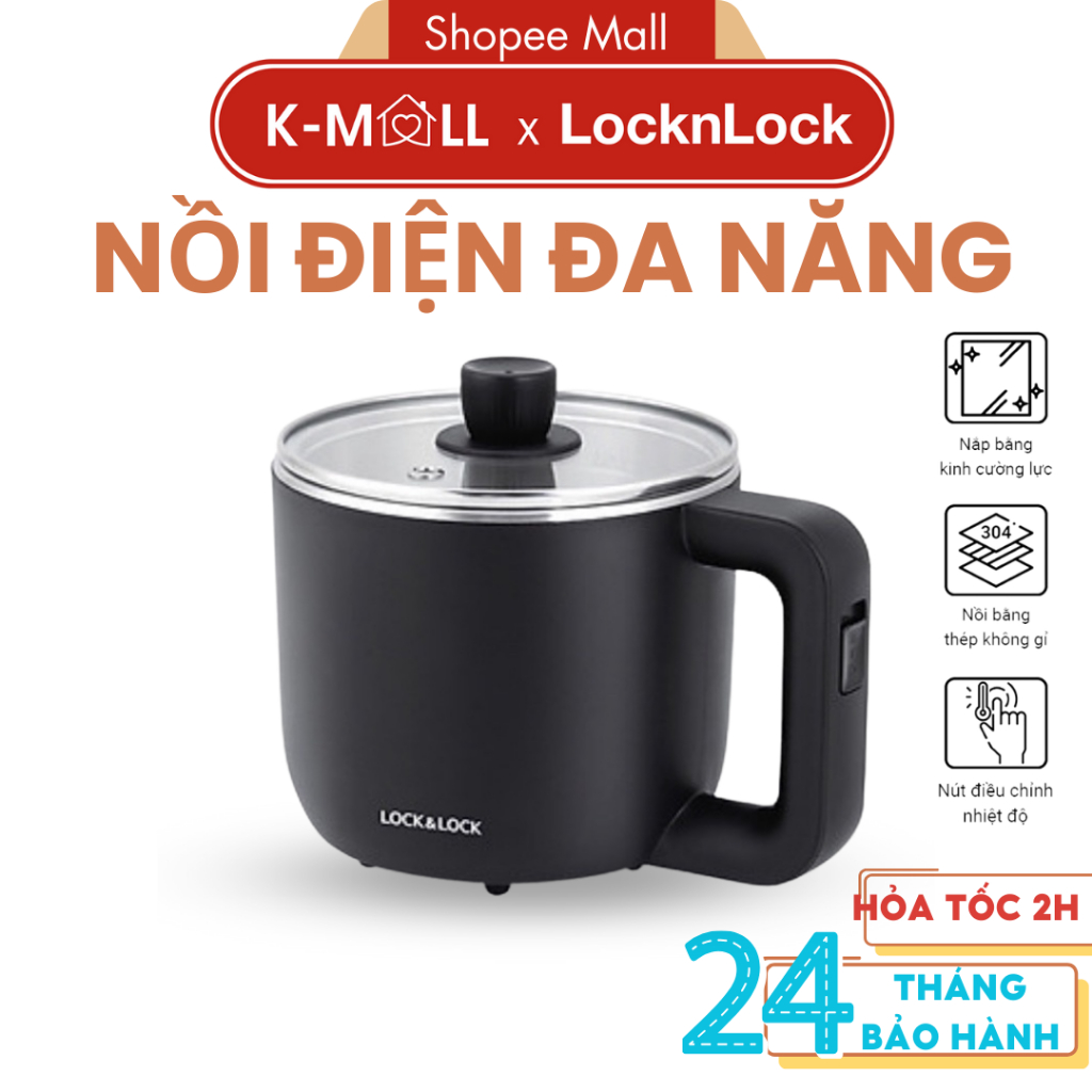 Nồi điện đa năng LocknLock EJP116BLK ,dung tích 0.8L, nấu mì nấu lẩu nấu nước, kèm khay hấp - K-MALL