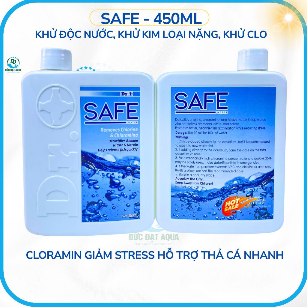 safe 450ml Khử độc nước, khử kim loại nặng, khử clo, cloramin; giảm stress hỗ trợ thả cá nhanh,khỏe