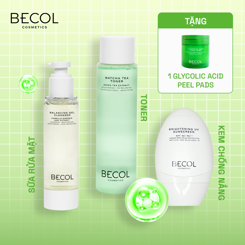 [Tặng Peel Pads] Bộ 3 Sản Phẩm BECOL Chăm Da Sáng Khoẻ Vượt Trội, Sữa rửa mặt 100ml, Toner 150ml, Kem chống nắng 50ml