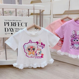 Quần áo trẻ em, Áo thun hè bé gái in hoạt hình 3 màu phối ren cho bé 9-26kg A492 | Tiểu Yến KID