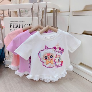Quần áo trẻ em, Áo thun hè bé gái in hoạt hình 3 màu phối ren cho bé 9-26kg A492 | Tiểu Yến KID