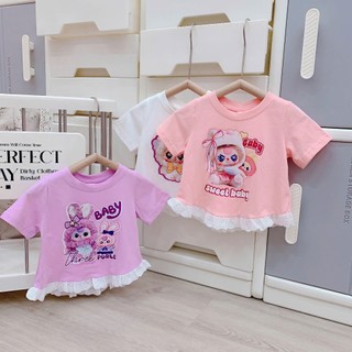 Quần áo trẻ em, Áo thun hè bé gái in hoạt hình 3 màu phối ren cho bé 9-26kg A492 | Tiểu Yến KID