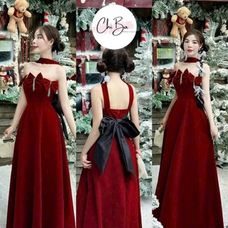 Đầm maxi vải Nhung cao cấp đính nhiều nơ cúp ngực đai cổ hở lưng có khóa kéo đính nơ sau váy dài xòe sang trọng