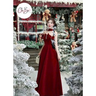 Đầm maxi vải Nhung cao cấp đính nhiều nơ cúp ngực đai cổ hở lưng có khóa kéo đính nơ sau váy dài xòe sang trọng