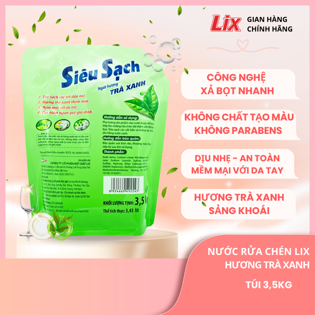 Ảnh Combo 2 túi Nước rửa chén LIX 7KG siêu sạch hương trà xanh loại túi 2C-N8101 làm sạch vết bẩn dầu mỡ không hại da tay 1