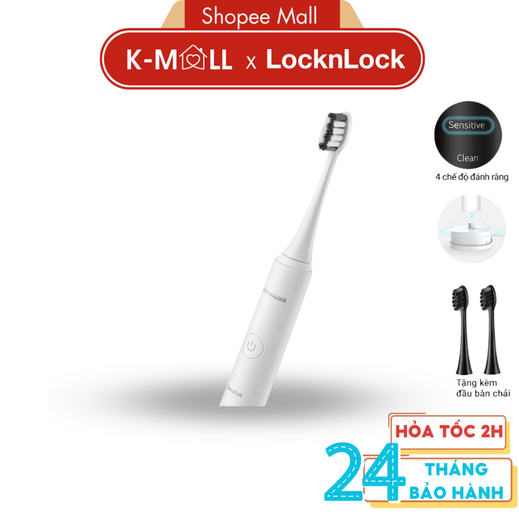 Bàn chải điện LocknLock ENR346 Màu Trắng , sạc không dây, chống nước, tặng 2 đầu bàn chải - K-MALL