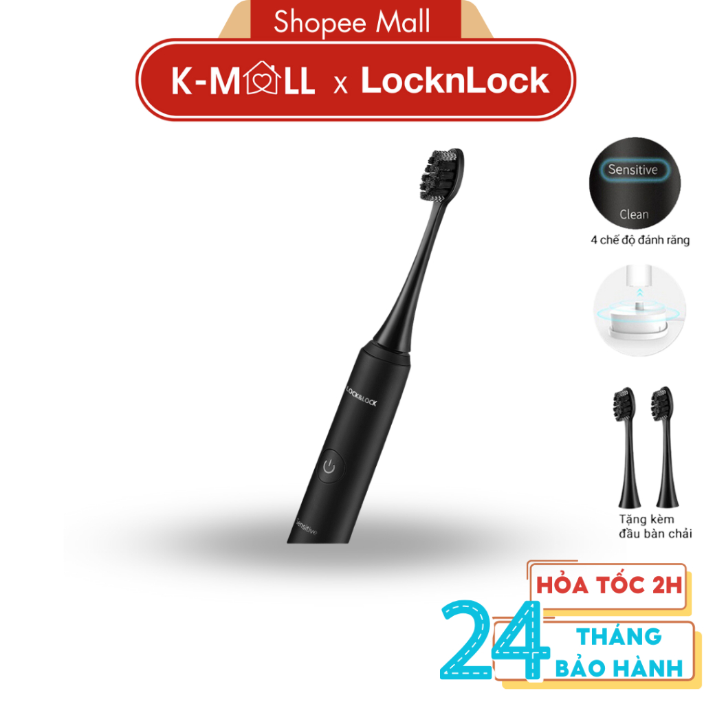 Bàn chải điện LocknLock ENR346 Màu Đen , sạc không dây , chống nước, tặng kèm 2 đầu chải - K-MALL