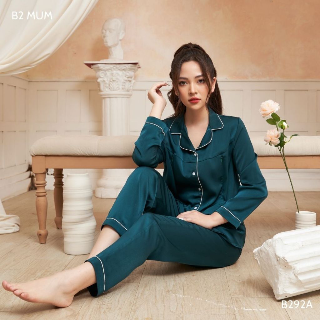 Bộ bầu mặc nhà lụa ngọc trai mềm mát cho mẹ bầu và sau sinh B292A thiết kế by B2 MUM
