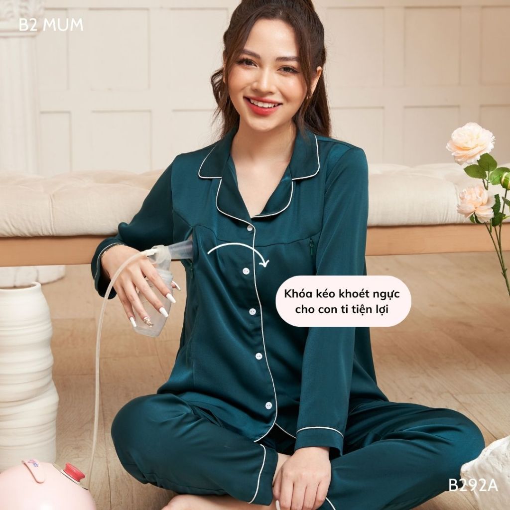 Bộ bầu mặc nhà lụa ngọc trai mềm mát cho mẹ bầu và sau sinh B292A thiết kế by B2 MUM