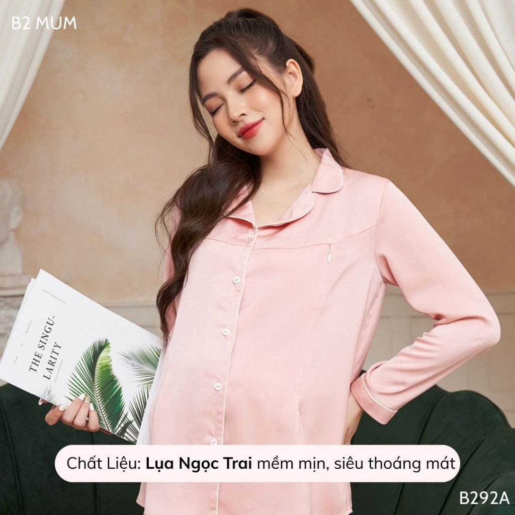 Bộ bầu mặc nhà lụa ngọc trai mềm mát cho mẹ bầu và sau sinh B292A thiết kế by B2 MUM