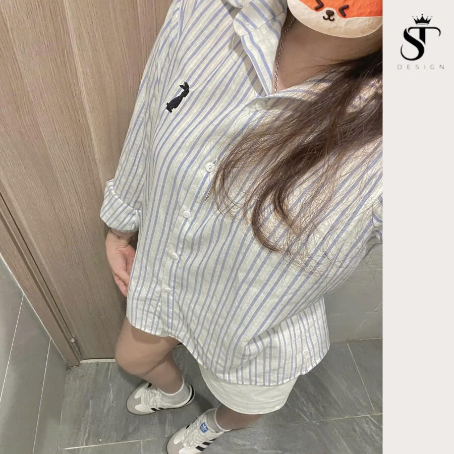 Áo sơ mi nữ tay dài kẻ sọc xanh thêu tay ulzzang QC cao cấp thời trang phong cách dễ phối đồ - ST Design - 02