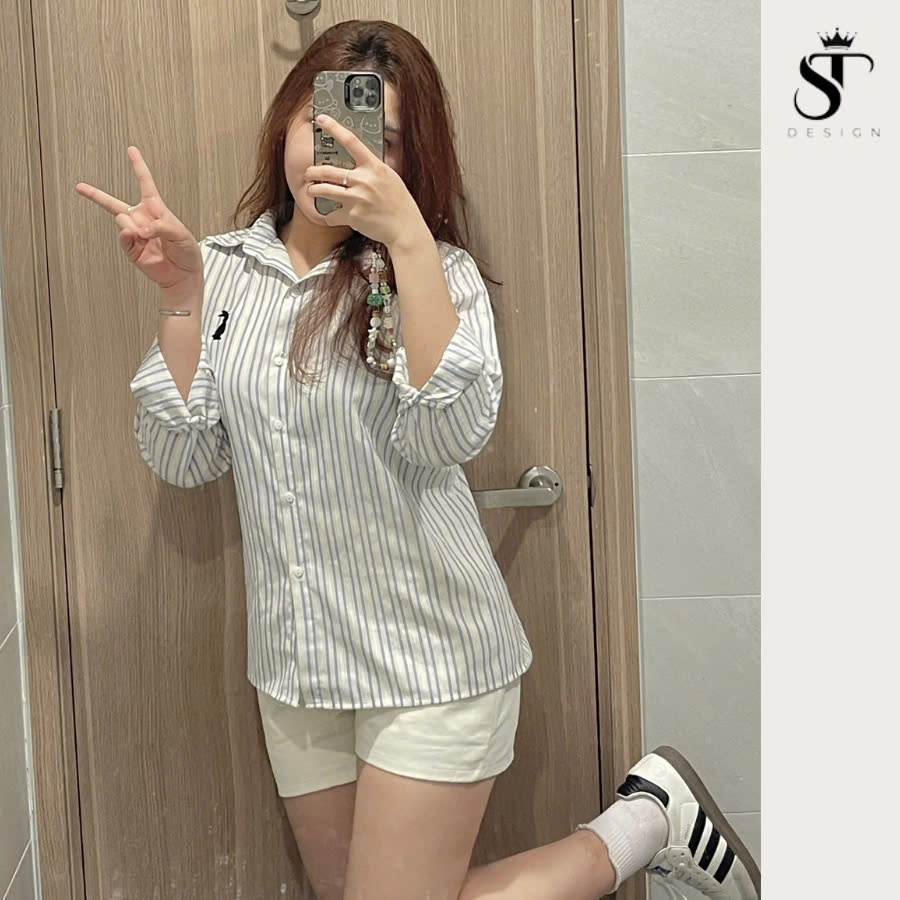 Áo sơ mi nữ tay dài kẻ sọc xanh thêu tay ulzzang QC cao cấp thời trang phong cách dễ phối đồ - ST Design - 02
