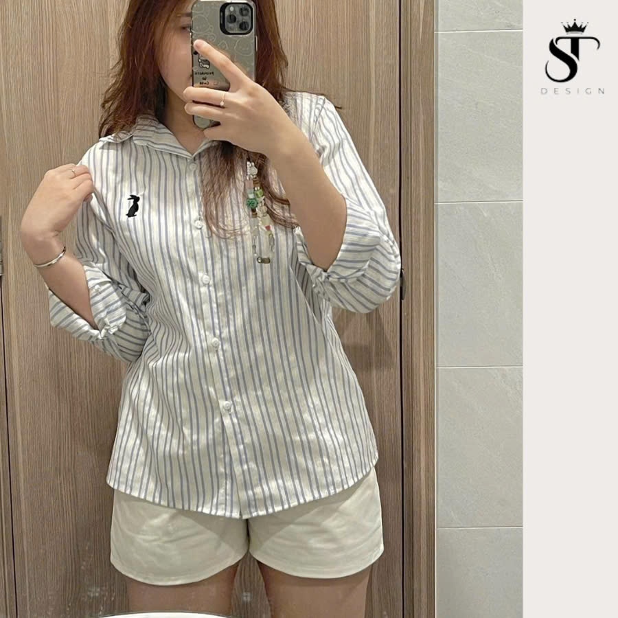 Áo sơ mi nữ tay dài kẻ sọc xanh thêu tay ulzzang QC cao cấp thời trang phong cách dễ phối đồ - ST Design - 02