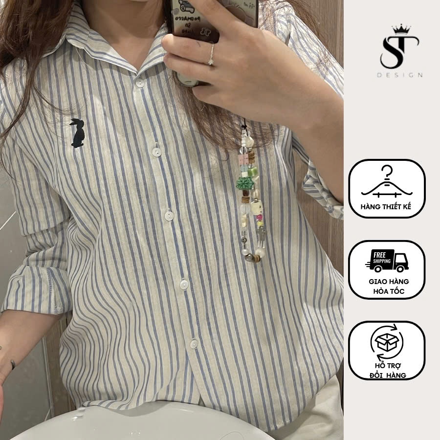 Áo sơ mi nữ tay dài kẻ sọc xanh thêu tay ulzzang QC cao cấp thời trang phong cách dễ phối đồ - ST Design - 02