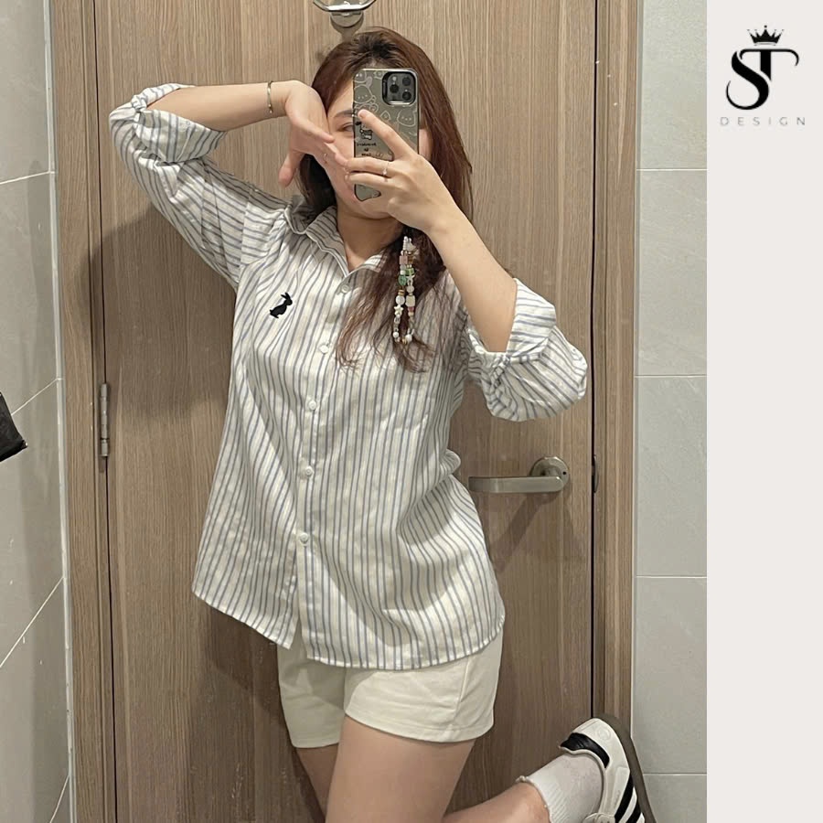 Áo sơ mi nữ tay dài kẻ sọc xanh thêu tay ulzzang QC cao cấp thời trang phong cách dễ phối đồ - ST Design - 02