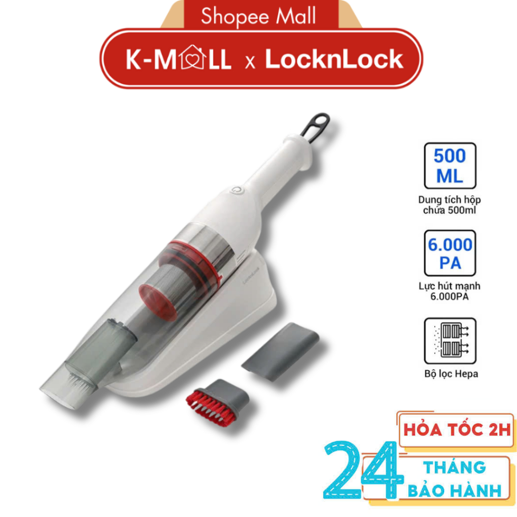 Máy hút bụi cầm tay mini 0.5L LocknLock ENV136WHT , bộ lọc HEPA, 75W, Lực hút mạnh, nhỏ gọn - K-MALL