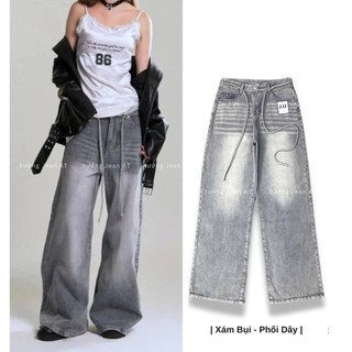 Quần Dài Jeans Nữ Phối Dây Ống Rộng Lưng Wash Bụi Khói Suông Trơn Denim Bò Jean WQJ039