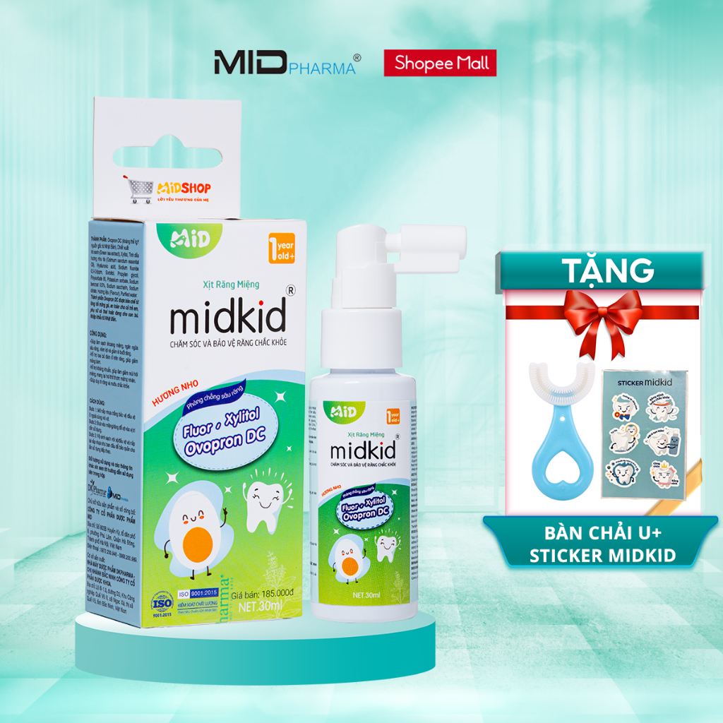 Ảnh Xịt chống sâu răng Midkid vị nho 30ml chính hãng cho bé từ 1 tuổi nuốt an toàn - Tặng Bàn chải U + Sticker 1