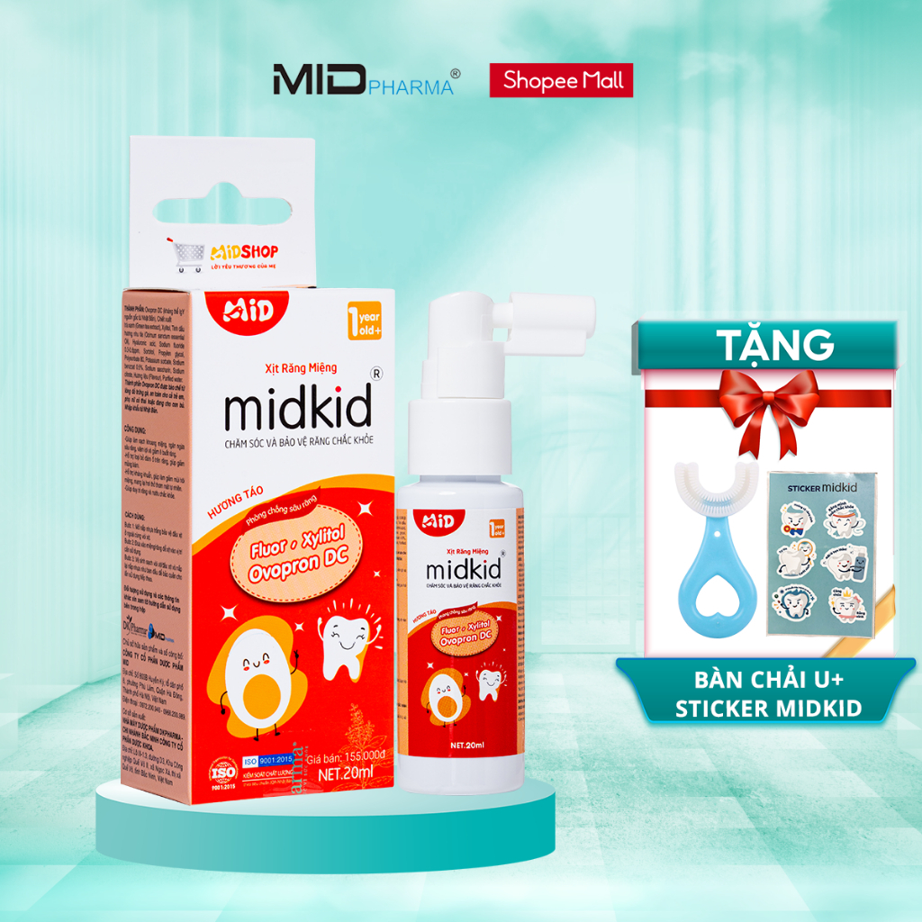 Ảnh Xịt chống sâu răng Midkid vị Táo 20ml chính hãng cho bé từ 1 tuổi nuốt an toàn - Tặng Bàn chải U + Sticker 1