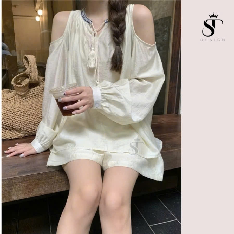 Set áo tơ  dài tay hở vai sang chảnh +quần short ống rộng phong cách nhẹ nhàng - ST Design - 17