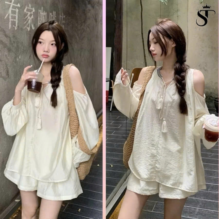 Set áo tơ  dài tay hở vai sang chảnh +quần short ống rộng phong cách nhẹ nhàng - ST Design - 17