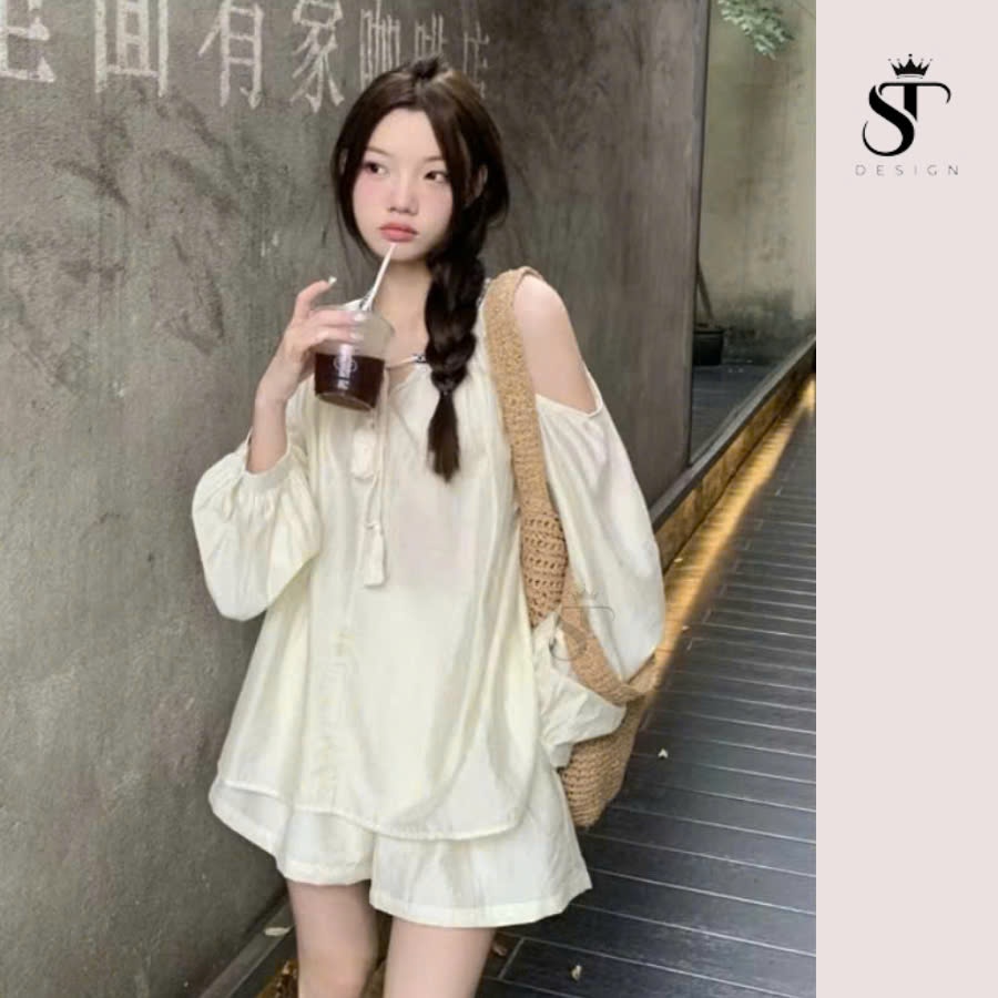 Set áo tơ  dài tay hở vai sang chảnh +quần short ống rộng phong cách nhẹ nhàng - ST Design - 17