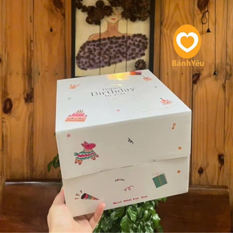 Hộp đựng bánh kem quai xách KÈM ĐẾ - Màu trắng họa tiết BB45