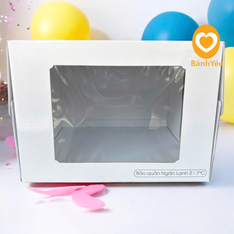 Hộp đựng bánh kem quai xách KÈM ĐẾ - Màu trắng họa tiết BB45